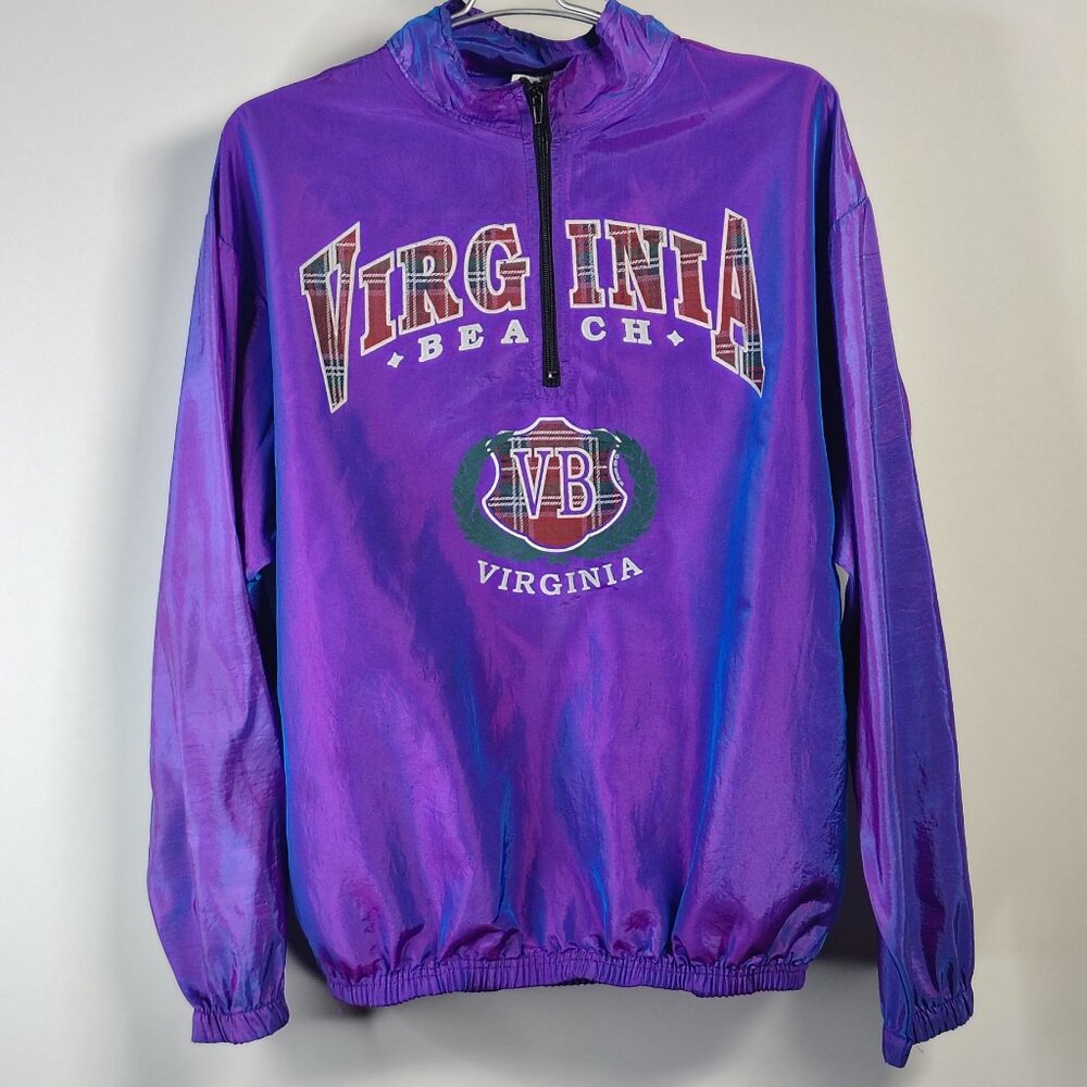 VINTAGE 90s Virginia Beach Windbreaker Jacket Irredecent 1/2‎ Zip Pullover